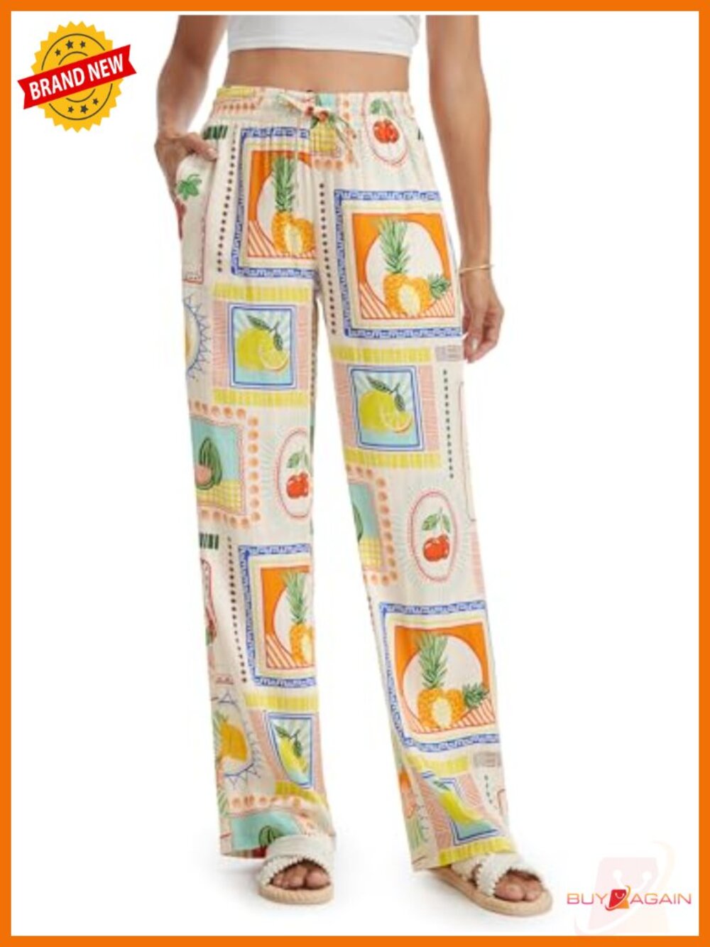 Printed Linen Pants Wide Leg Palazzo Beach with Pockets